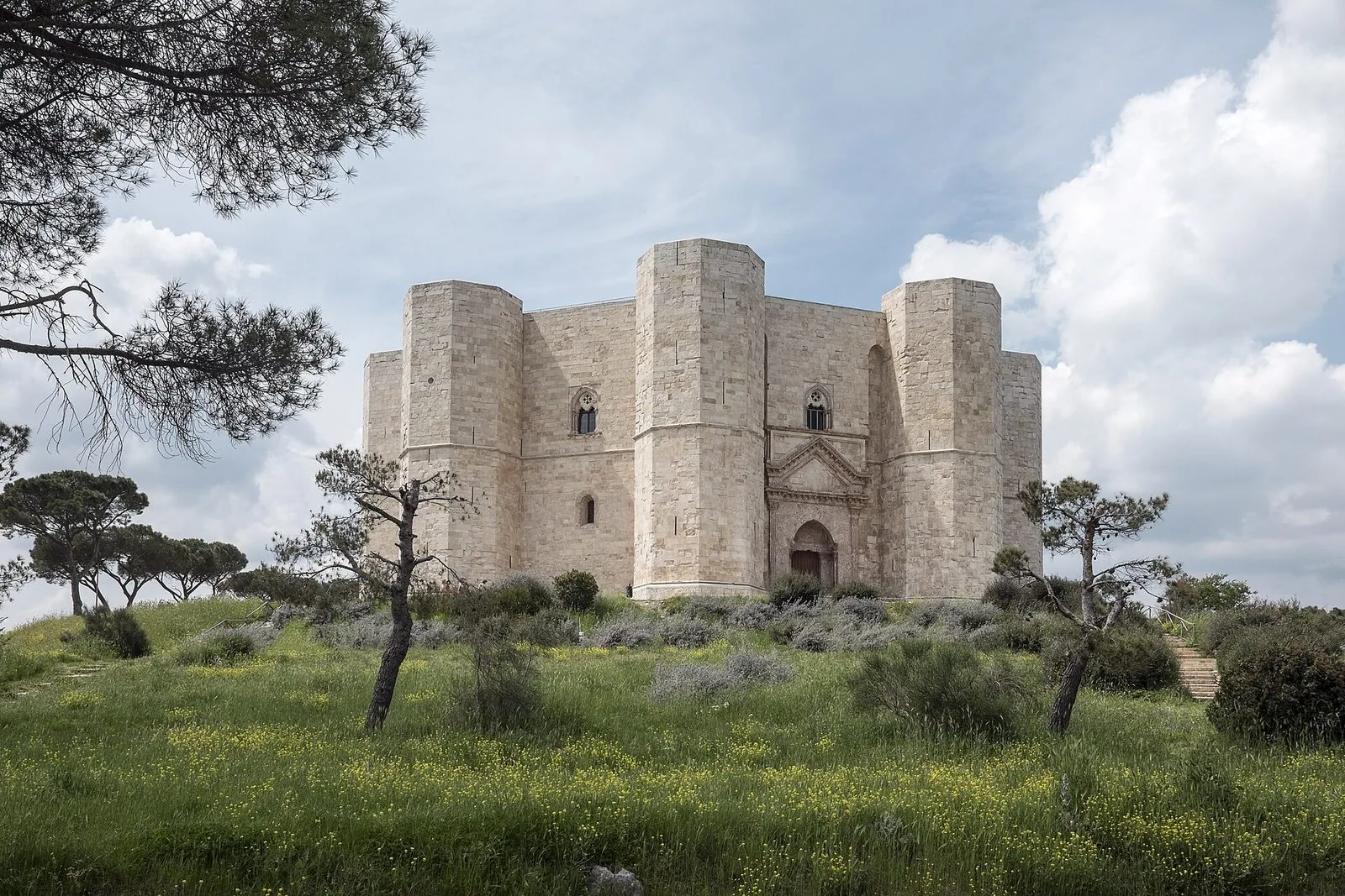 Castel del Monte con le sue torri ottagonali in pietra chiara, su una collina erbosa con pini e fiori gialli sotto un cielo nuvoloso